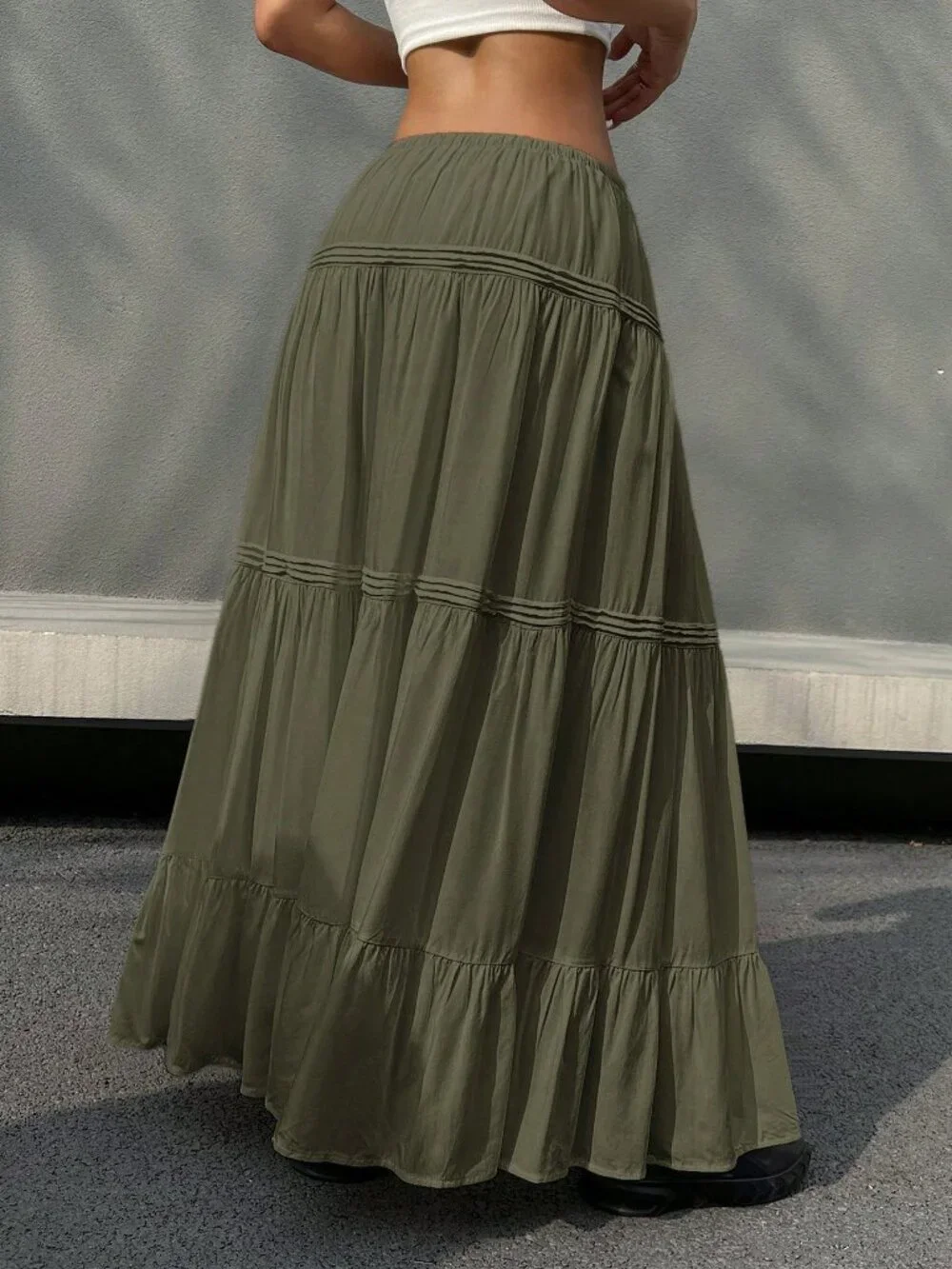 Olive Green Casual Women's Tie-Waist Ruffle Hem Long Skirt